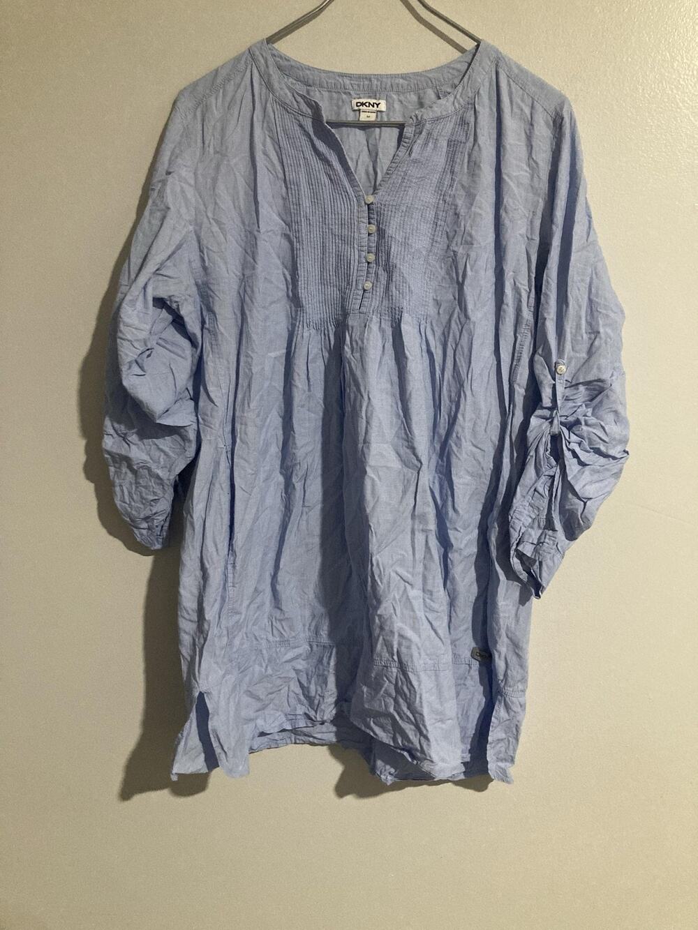 DKNY Blouse Womens M Blue Tunic Round Neck Pleated Button Lightweight Cotton